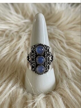 Three stone Blue Cabochon Statement Ring Silver Plated Size 9.75
